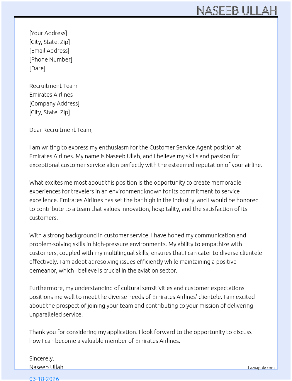 customer service agent At emirates airlines Cover Letter