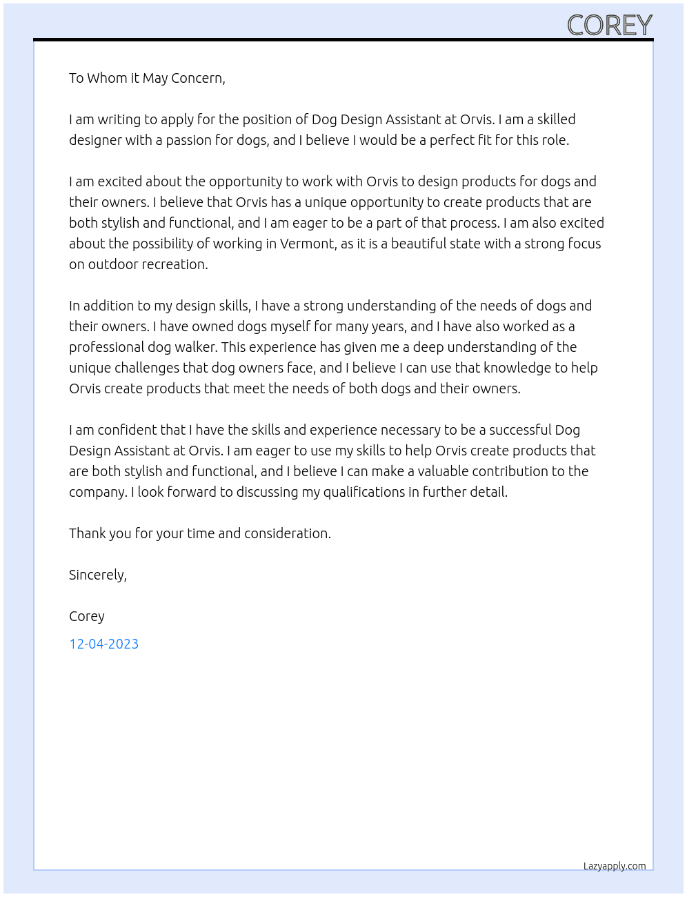Dog Design Assistant At Orvis Cover Letter
