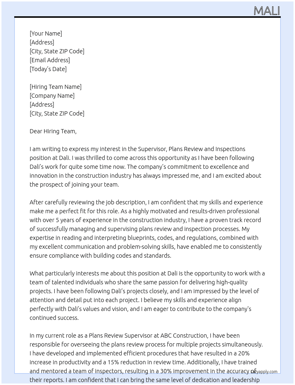 Supervisor, Plans Review and Inspections At dali Cover Letter