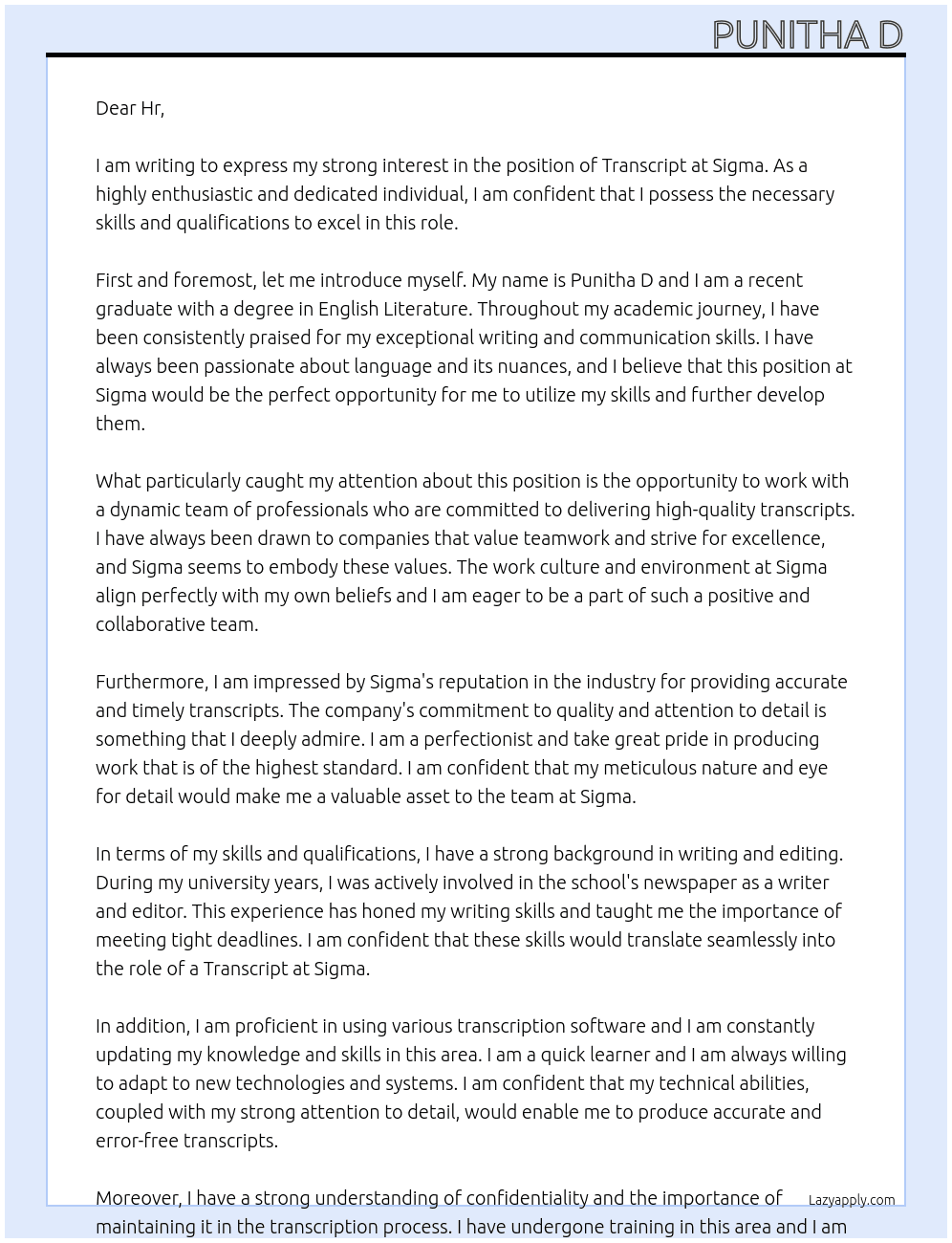 Cover letter for transcript - LazyApply