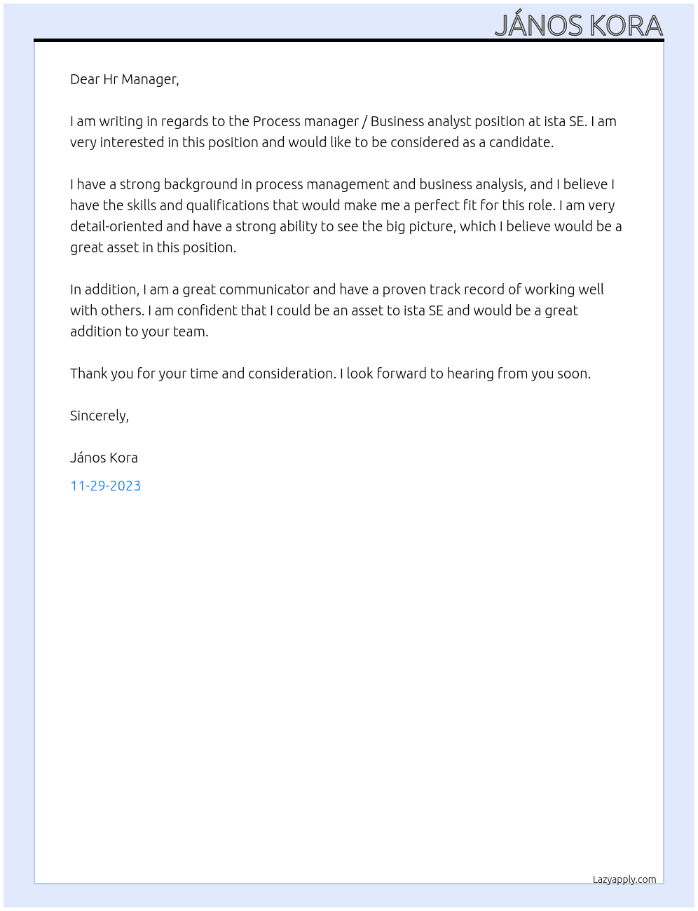 Process manager / Business analyst At ista SE Cover Letter