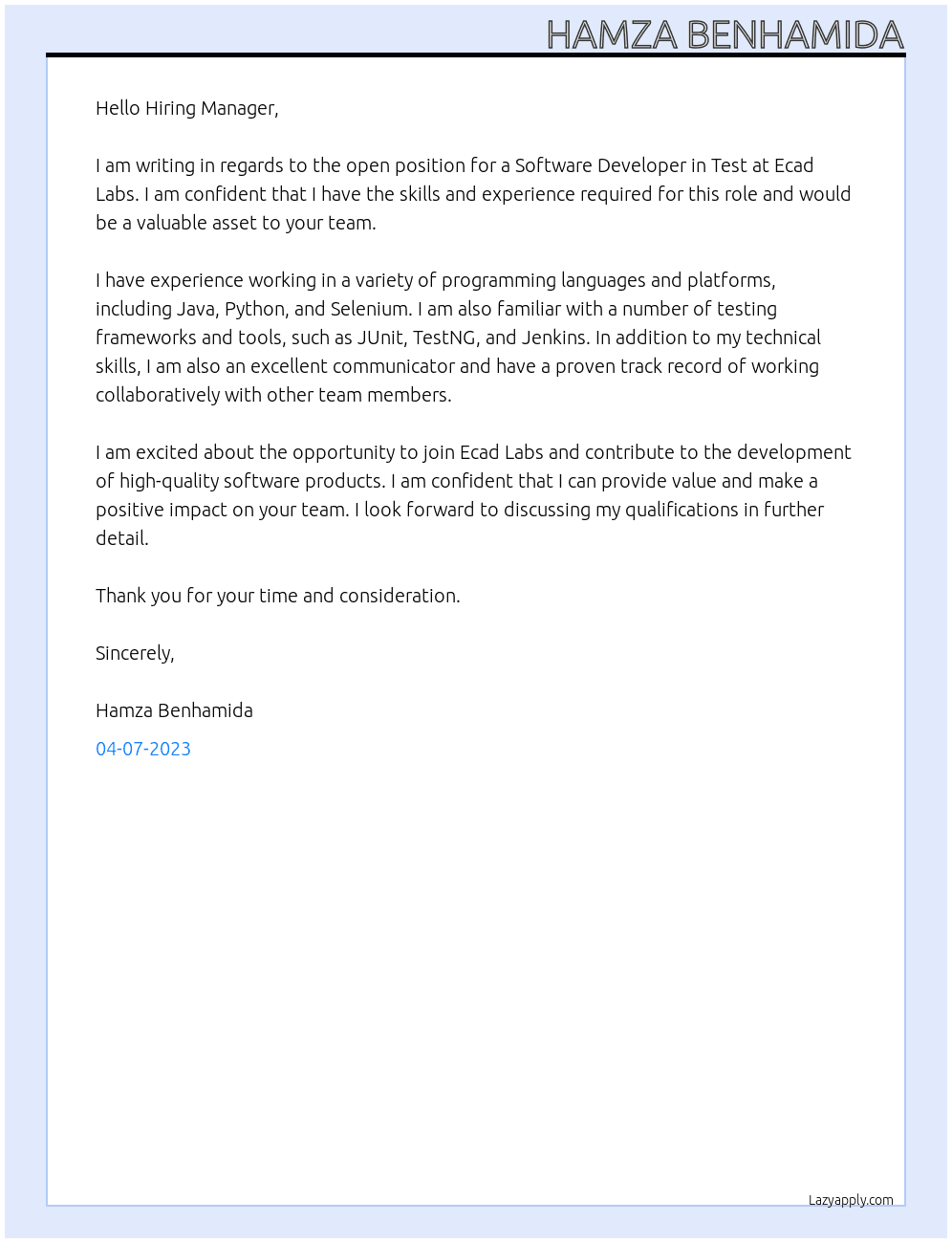 Software Developer in Test At Ecad Labs Cover Letter