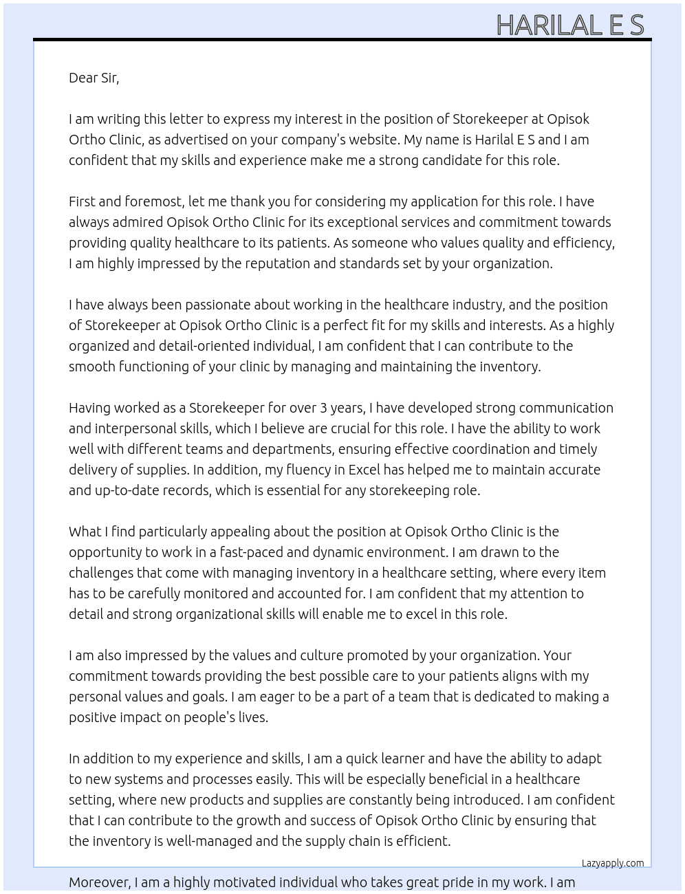 Storekeeper  At Opisok Ortho Clinic Cover Letter