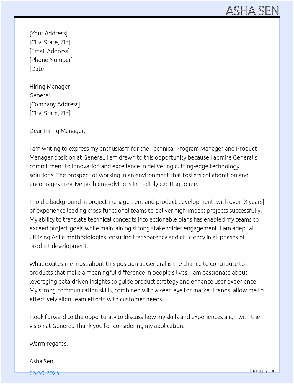 Cover letter for technical program manager and product manager - LazyApply