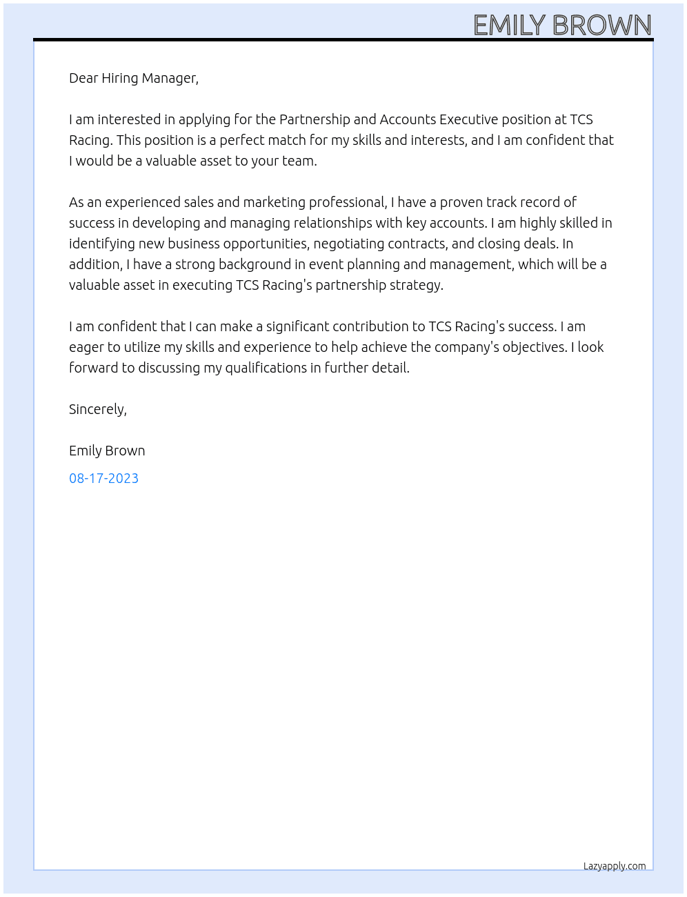 Partnership and Accounts Executive At TCS Racing Cover Letter