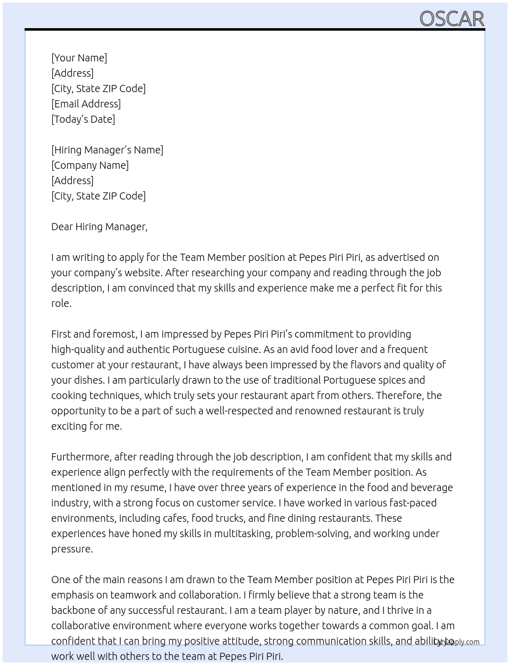 team member At Pepes Piri Piri Cover Letter