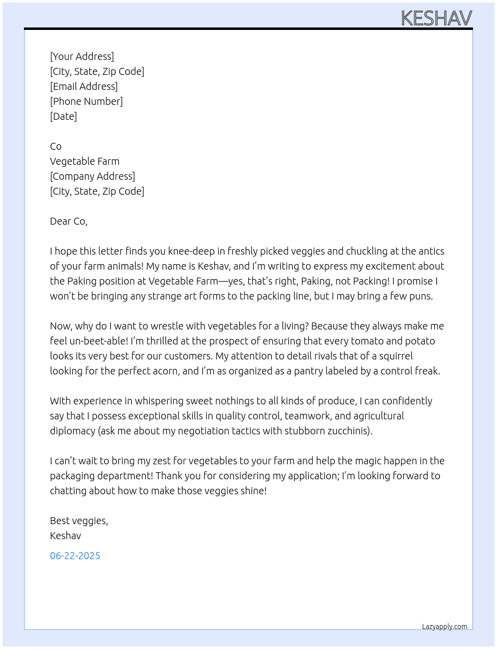 Paking  At Vegetable farm Cover Letter