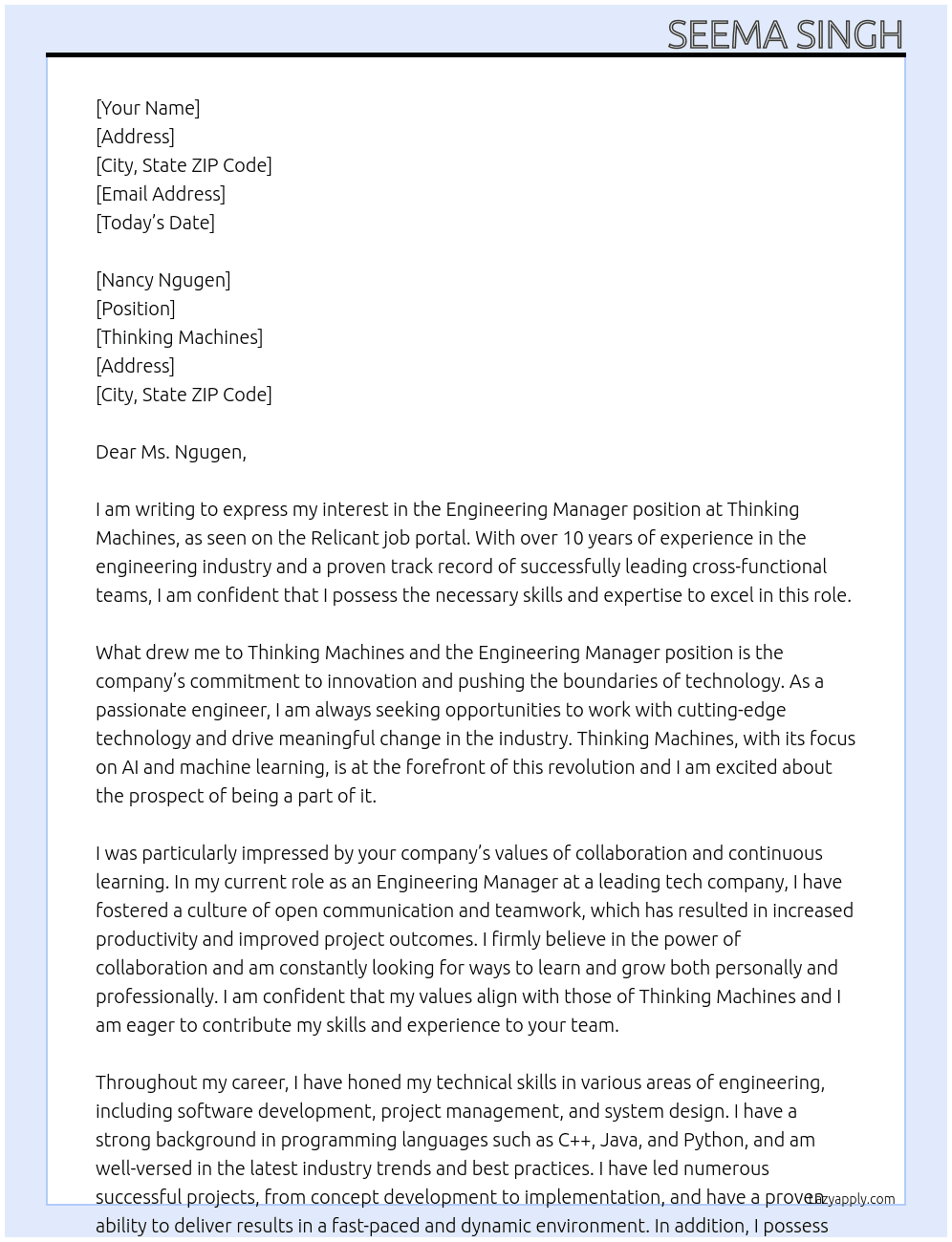 Engineering Manager, Thinking Machines At Relicant Cover Letter