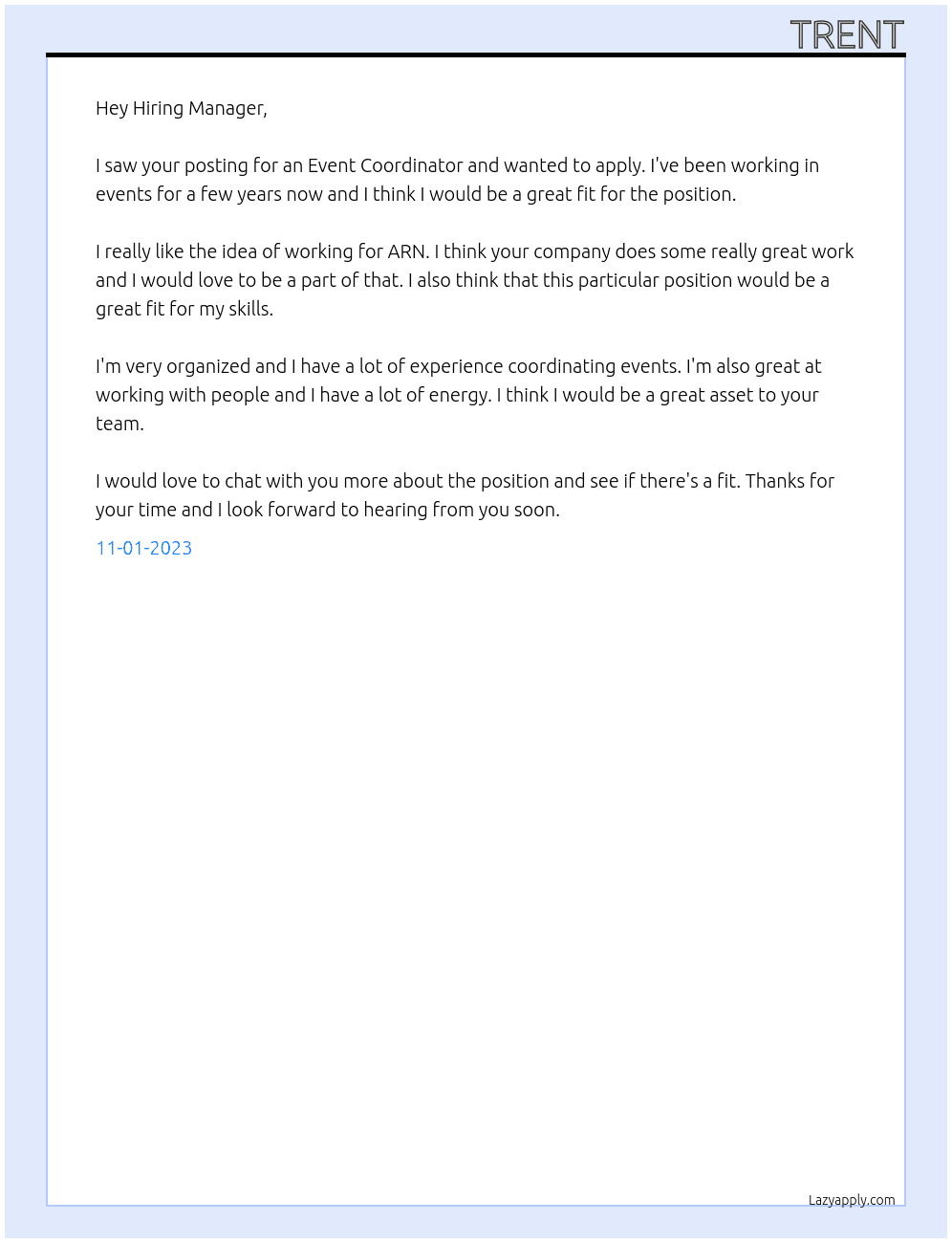 Event Coordinator  At ARN Cover Letter