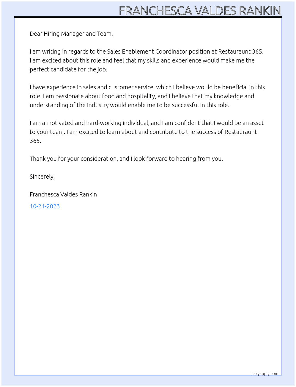 Sales Enablement Coordinator At Restauraunt 365 Cover Letter