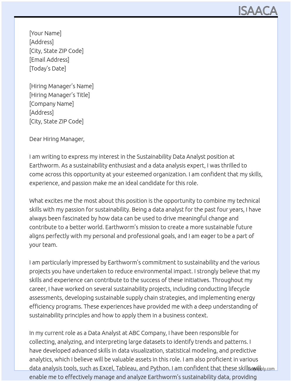 Sustainability Data Analyst  At Earthworm  Cover Letter