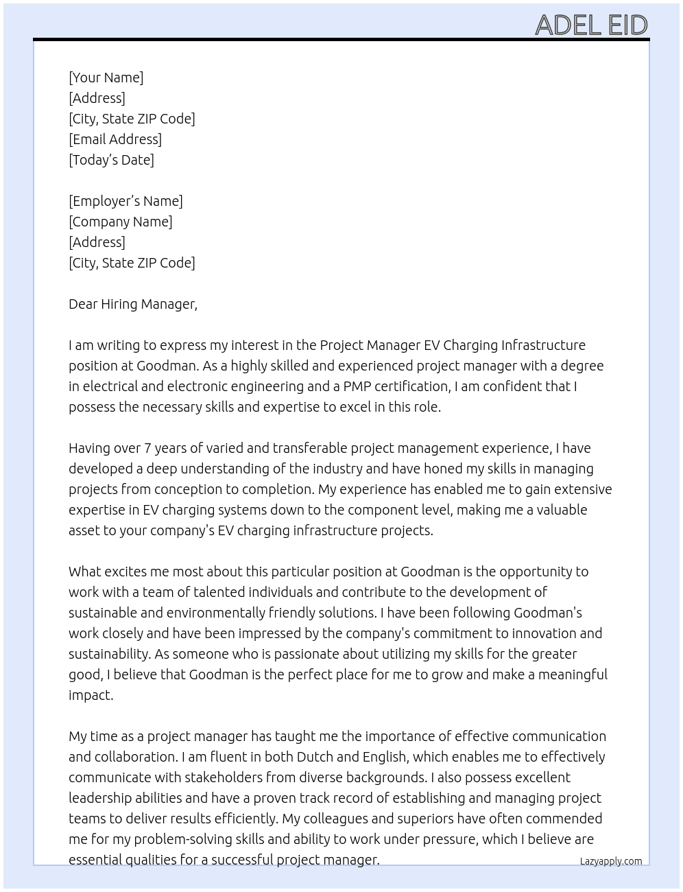 Project Manager EV Charging Infrastructure At Goodman Cover Letter