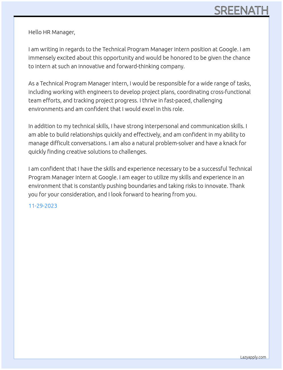 Technical Program Manager Intern At Google Cover Letter