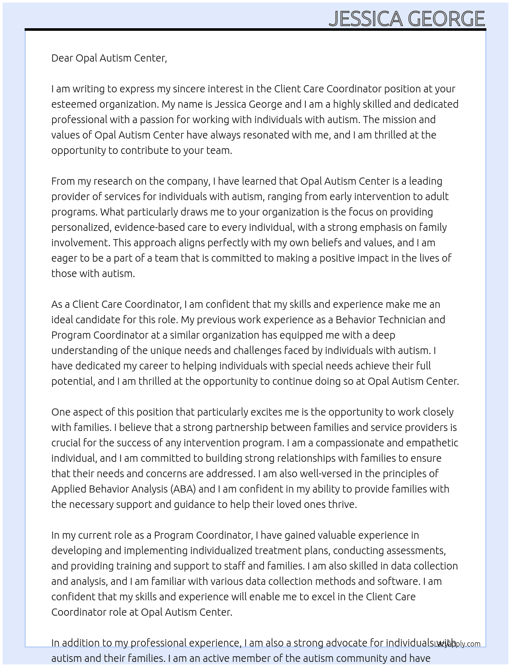 Client Care Coordinator At Opal Autism Center Cover Letter