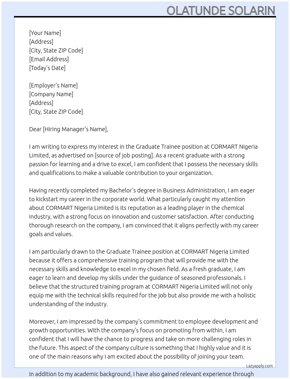 Graduate trainee At CORMART Nigeria Limited Cover Letter