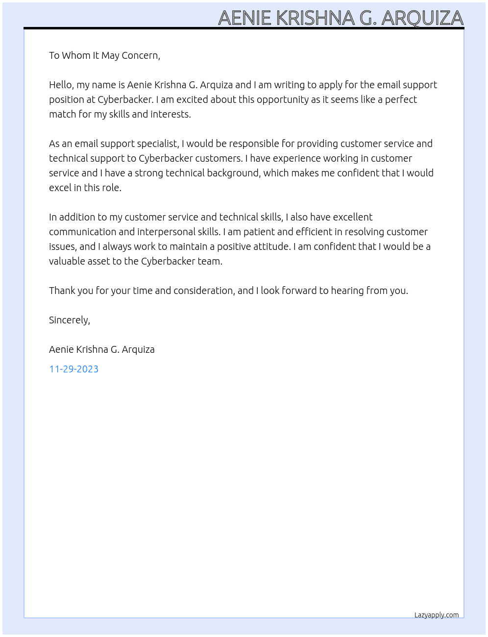 Email Support At Cyberbacker Cover Letter