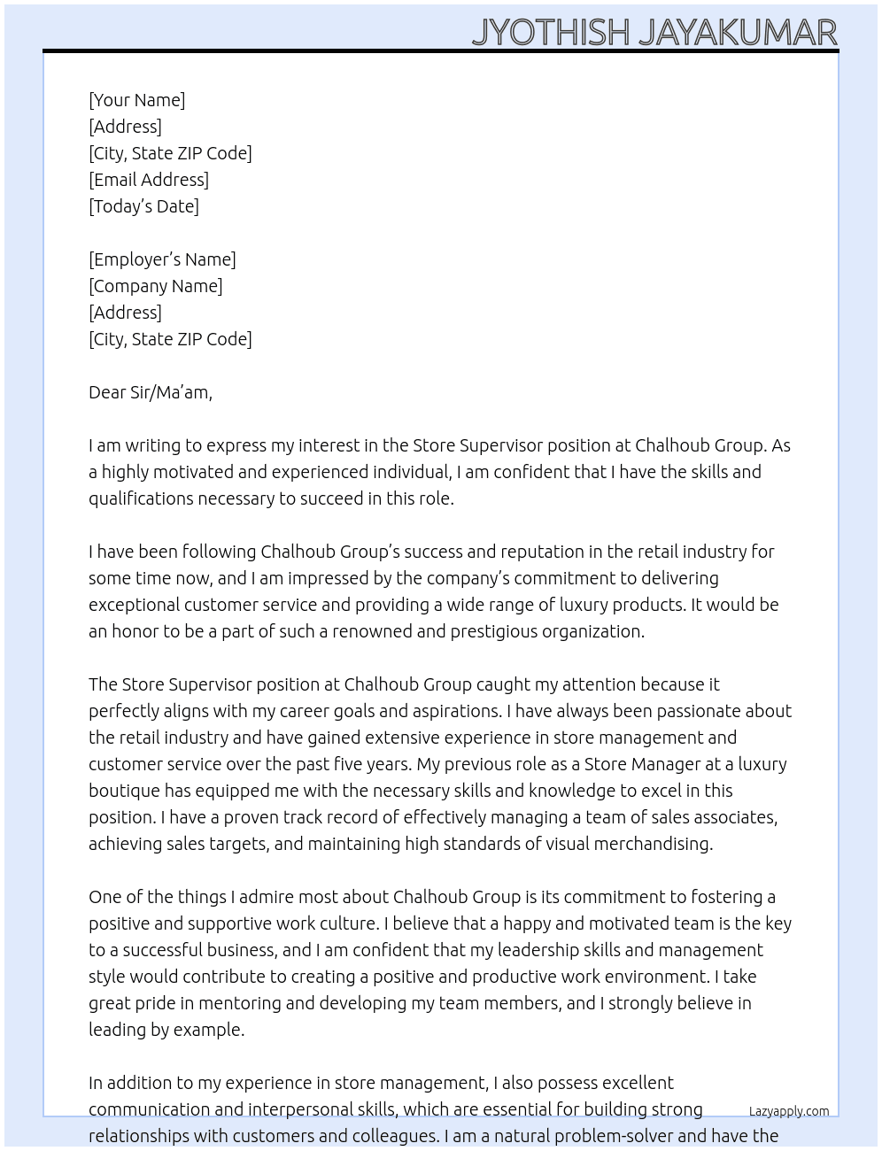 Store Supervisor At Chalhoub Group Cover Letter