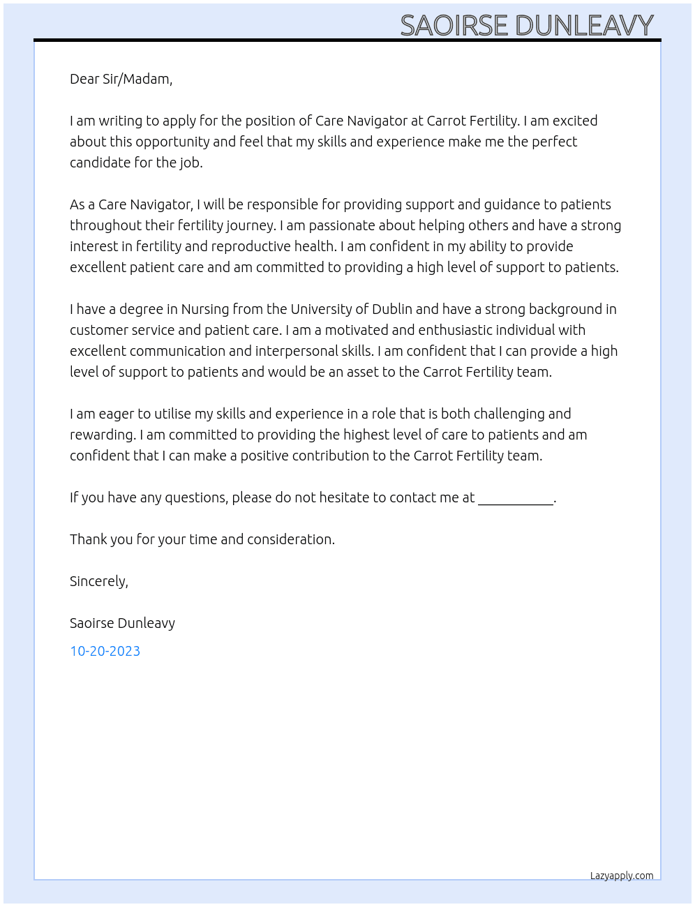 Care Navigator  At Carrot Fertility  Cover Letter