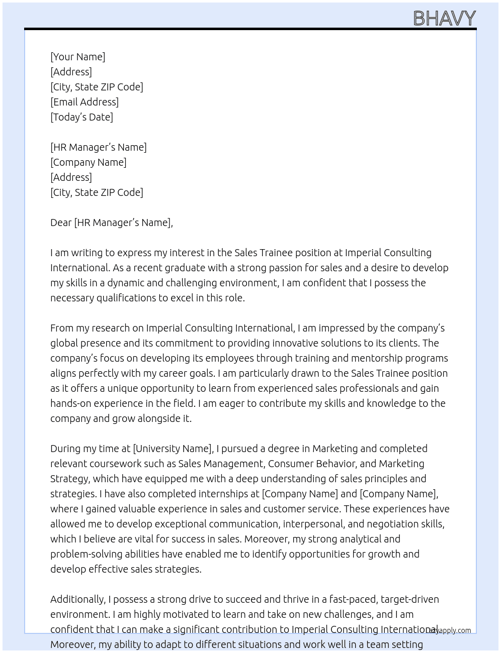 Sale Trainee At Imperial Consulting International Cover Letter