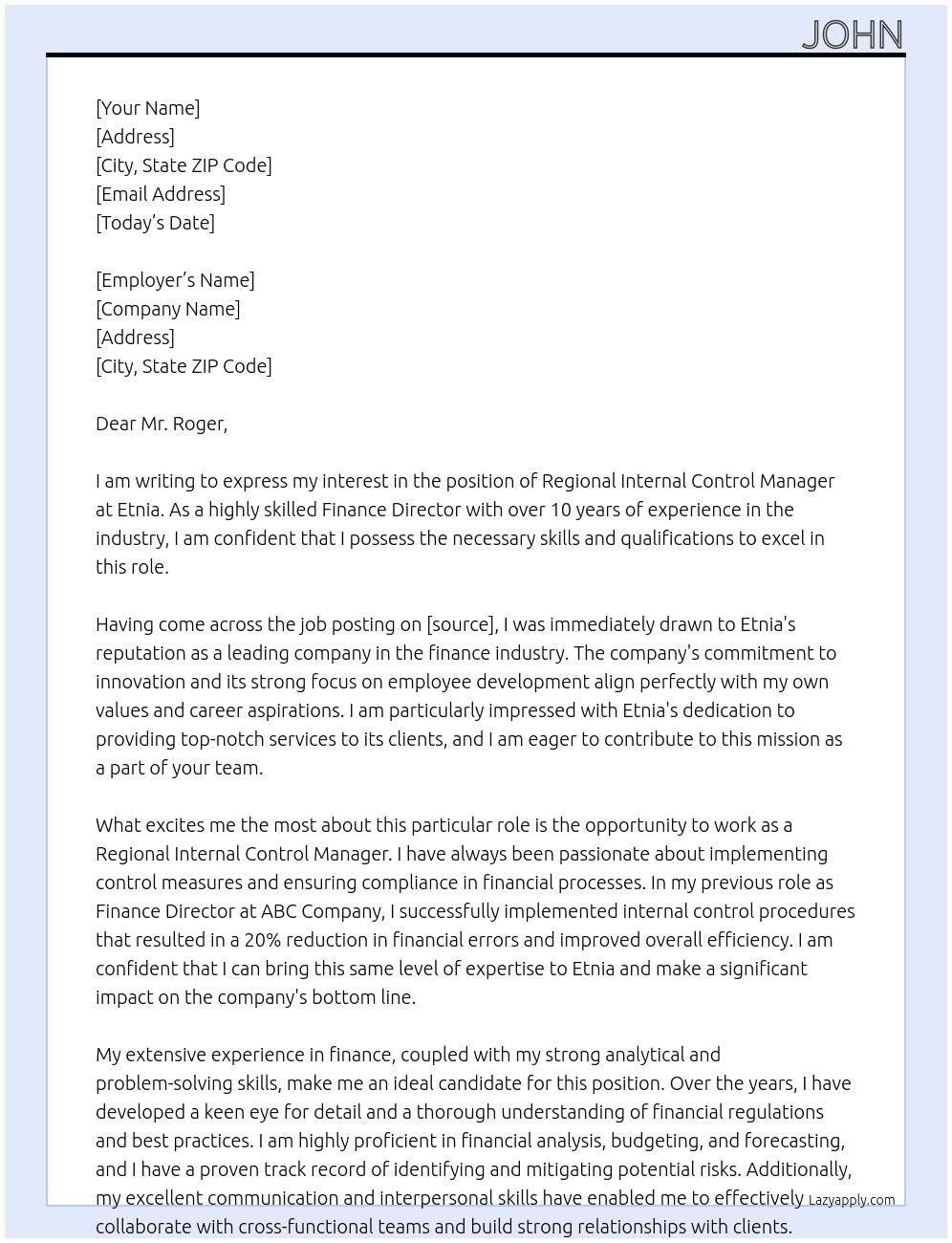 Regional Internal Control Manager At Etnia Cover Letter
