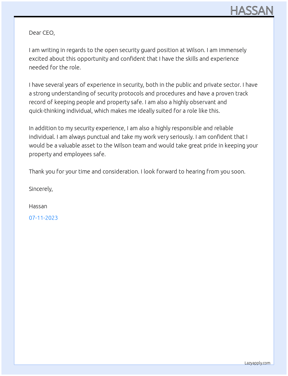 Security guard At Wilson Cover Letter