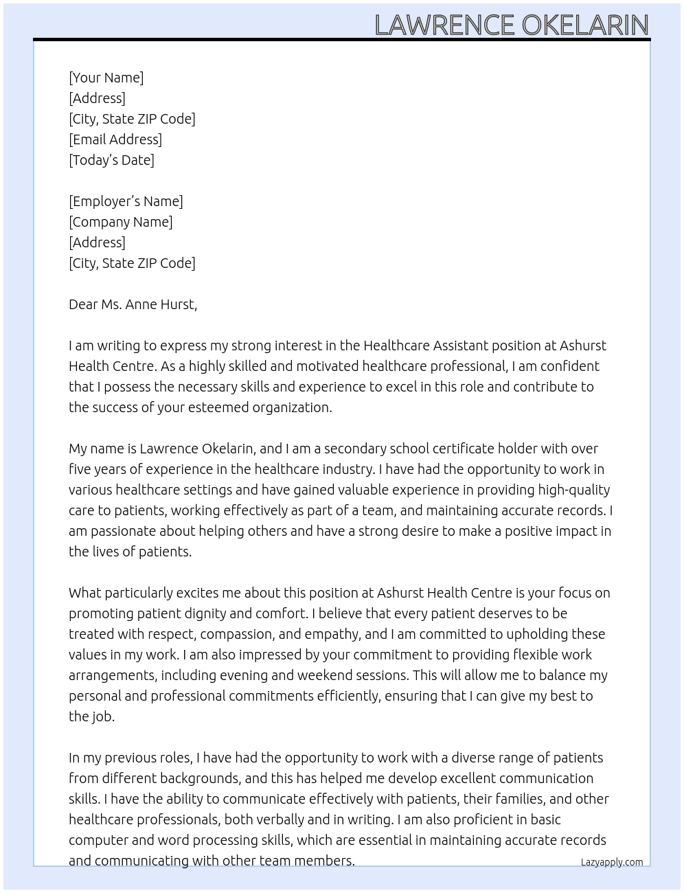 Healthcare Assistant At Ashurst Health Centre Cover Letter