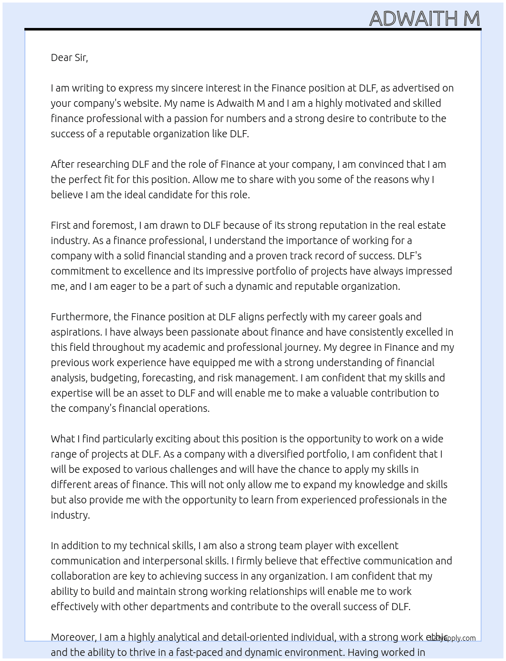 Finance At DLF Cover Letter