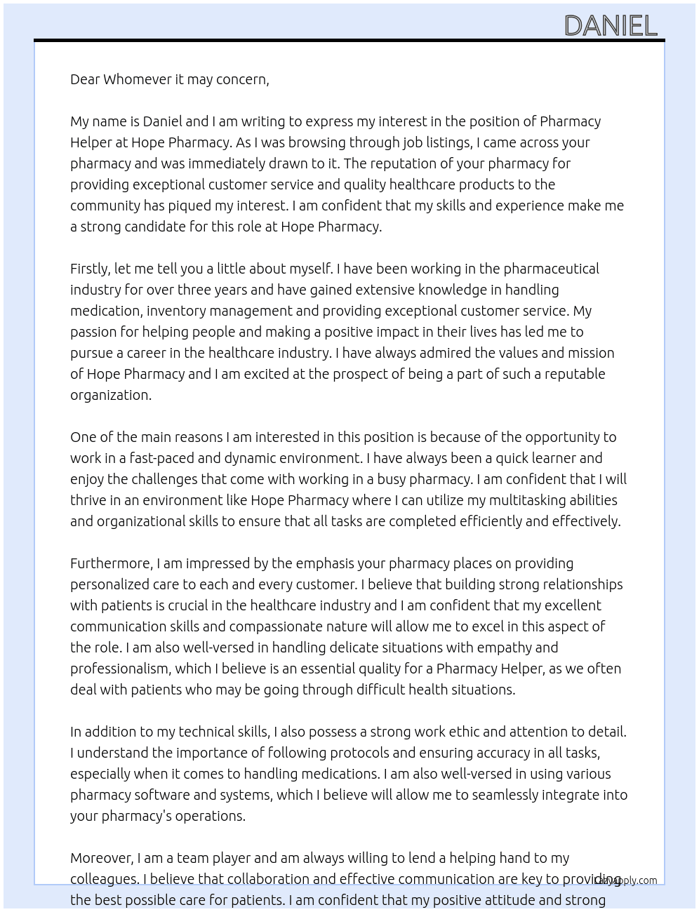 Pharmacy Helper At Hope Pharmacy  Cover Letter