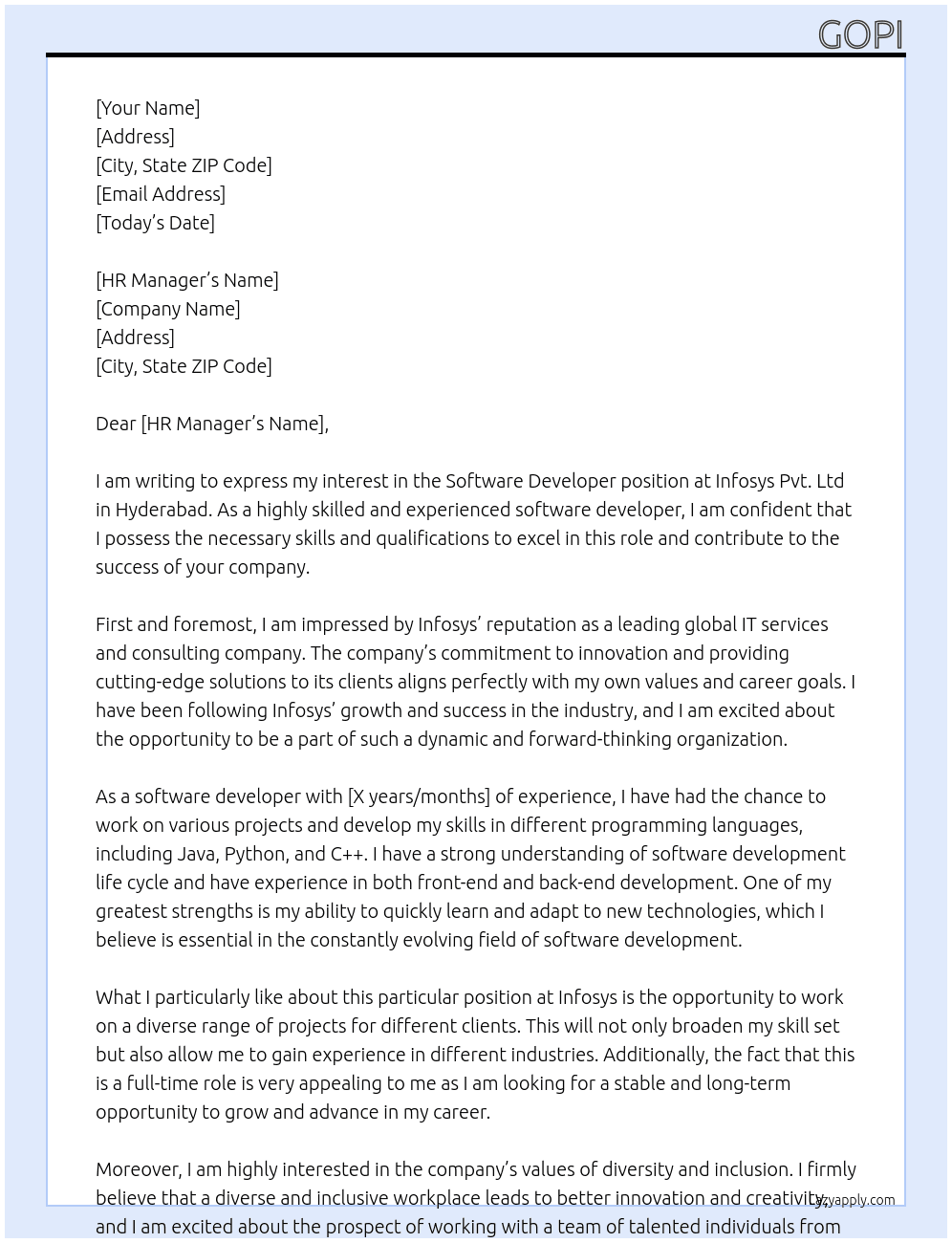 Software developer At Infosys pvt. Lmt  Hyderabad Cover Letter