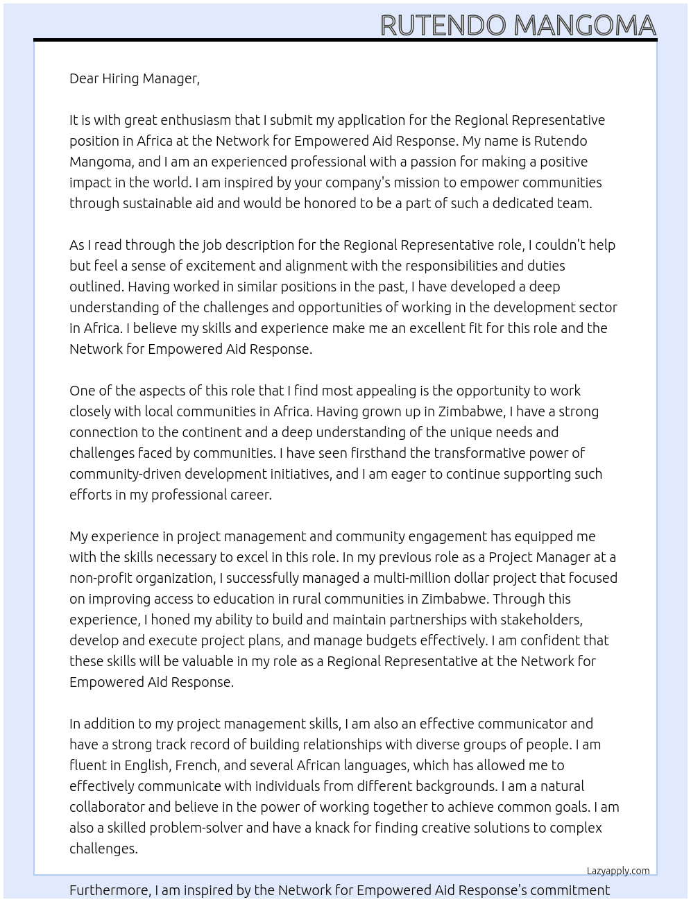 Cover letter for regional representative - africa - LazyApply