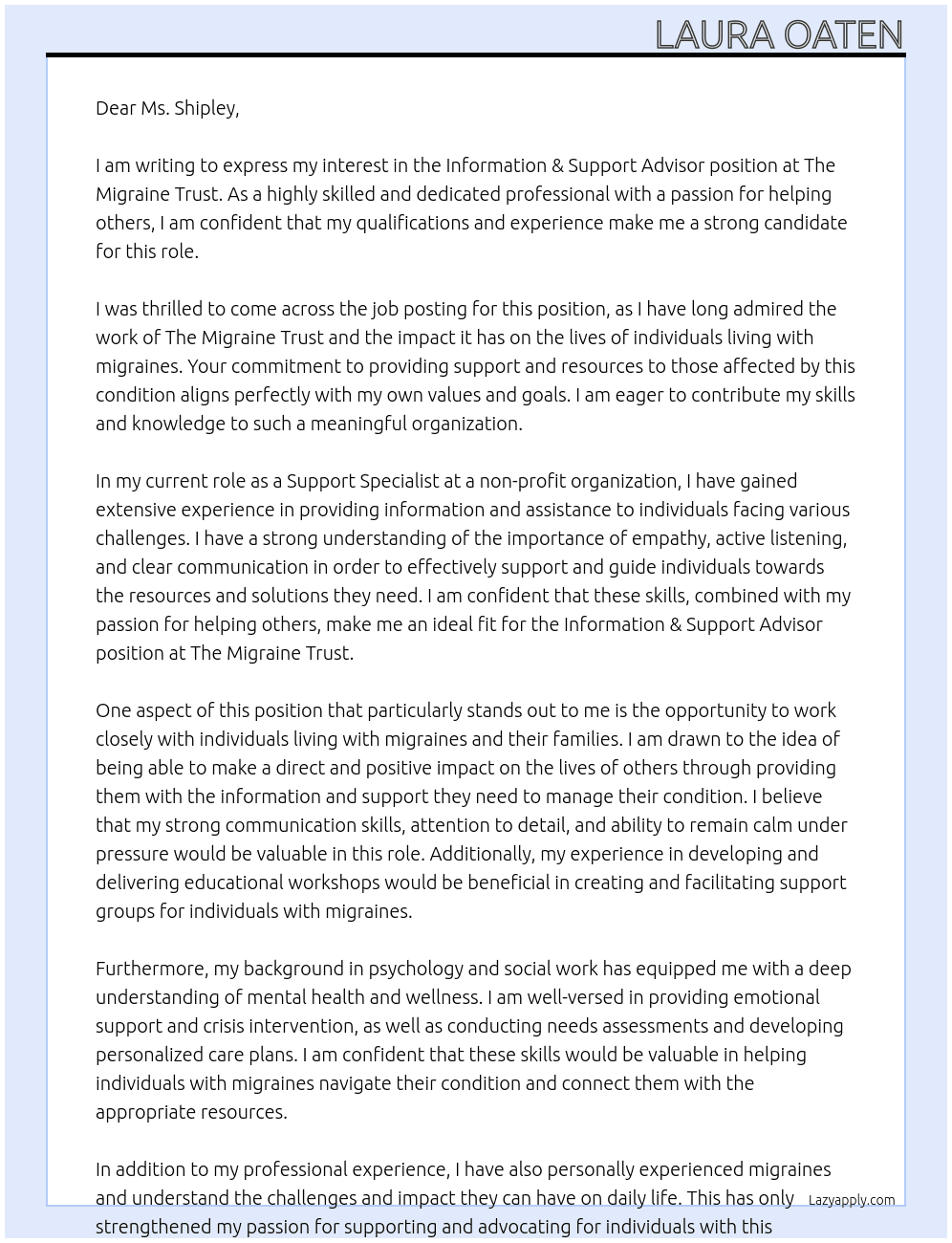 Information & Support Advisor At The Migraine Trust Cover Letter