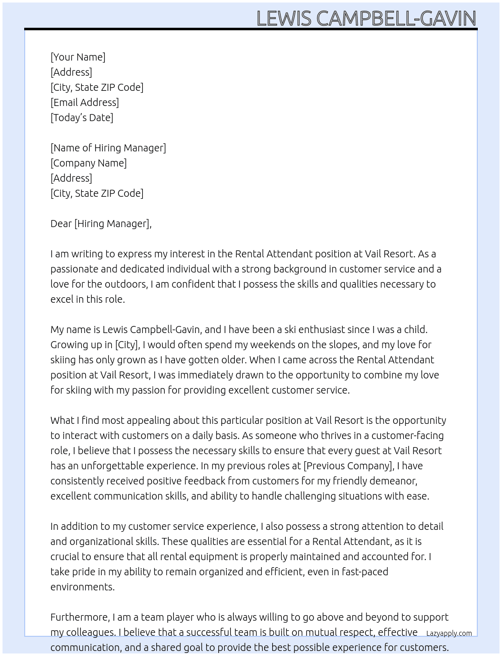 rental attendant At vail resort Cover Letter
