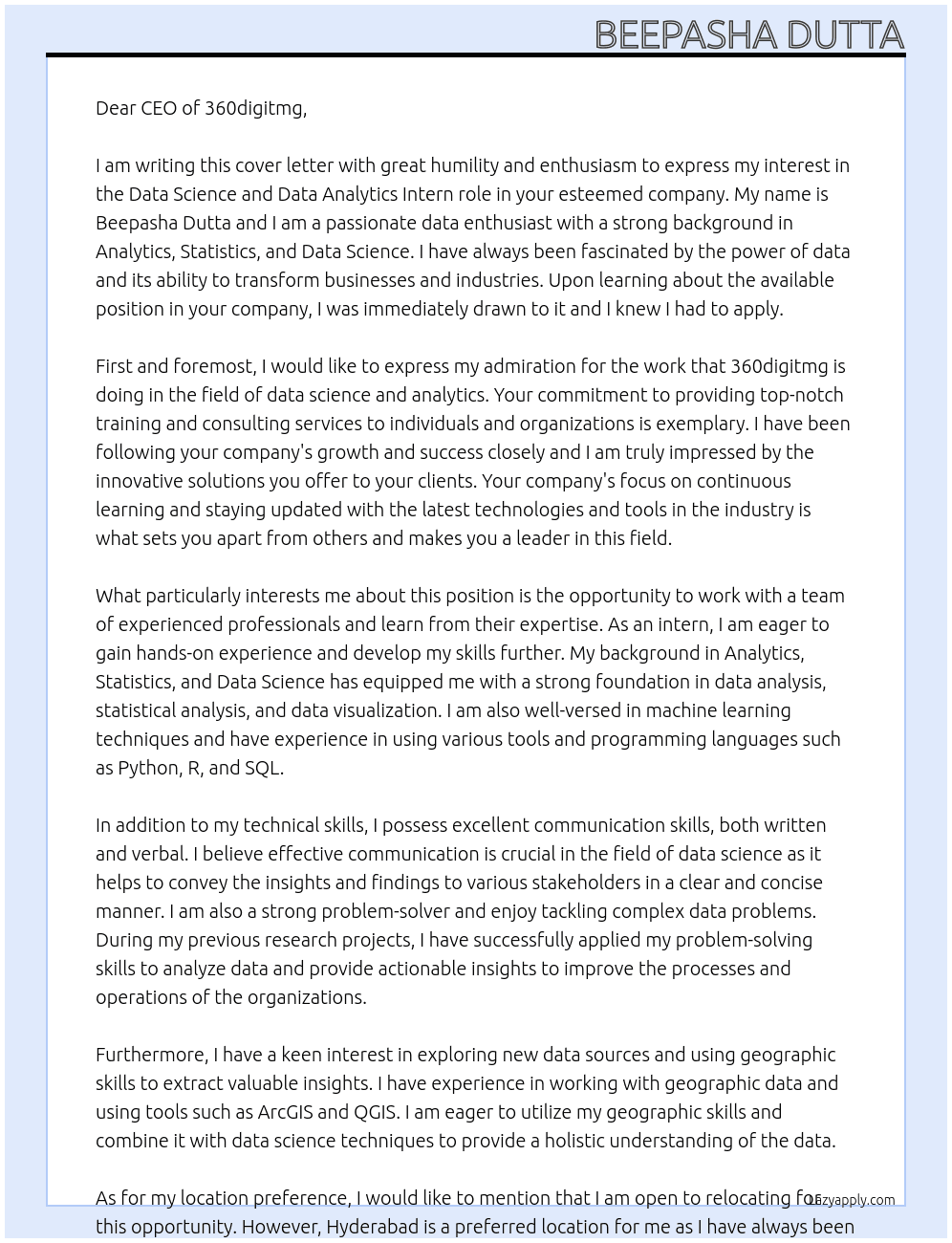 Data Science and Data Analytics  At 360digitmg Cover Letter