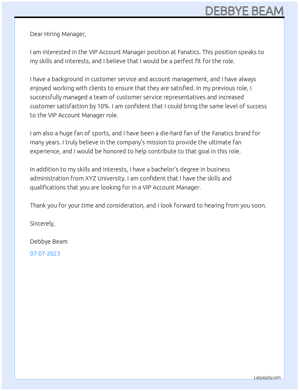 VIP Account Manager  At Fanatics  Cover Letter