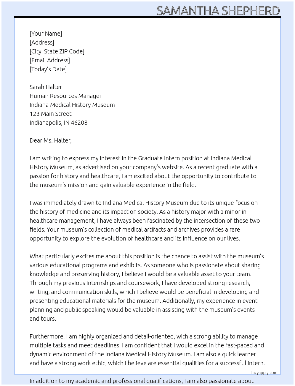 Graduate Intern At Indiana Medical History Museum Cover Letter