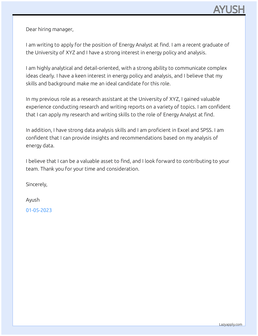Energy Analyst At find Cover Letter