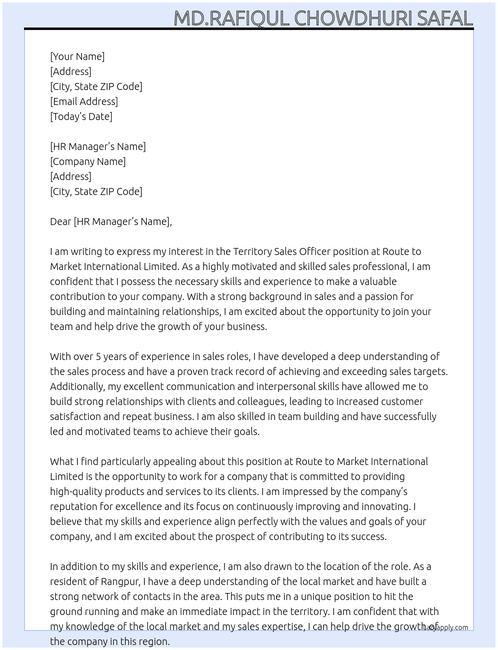 Territory Sales Officer At Route to market International Limited  Cover Letter