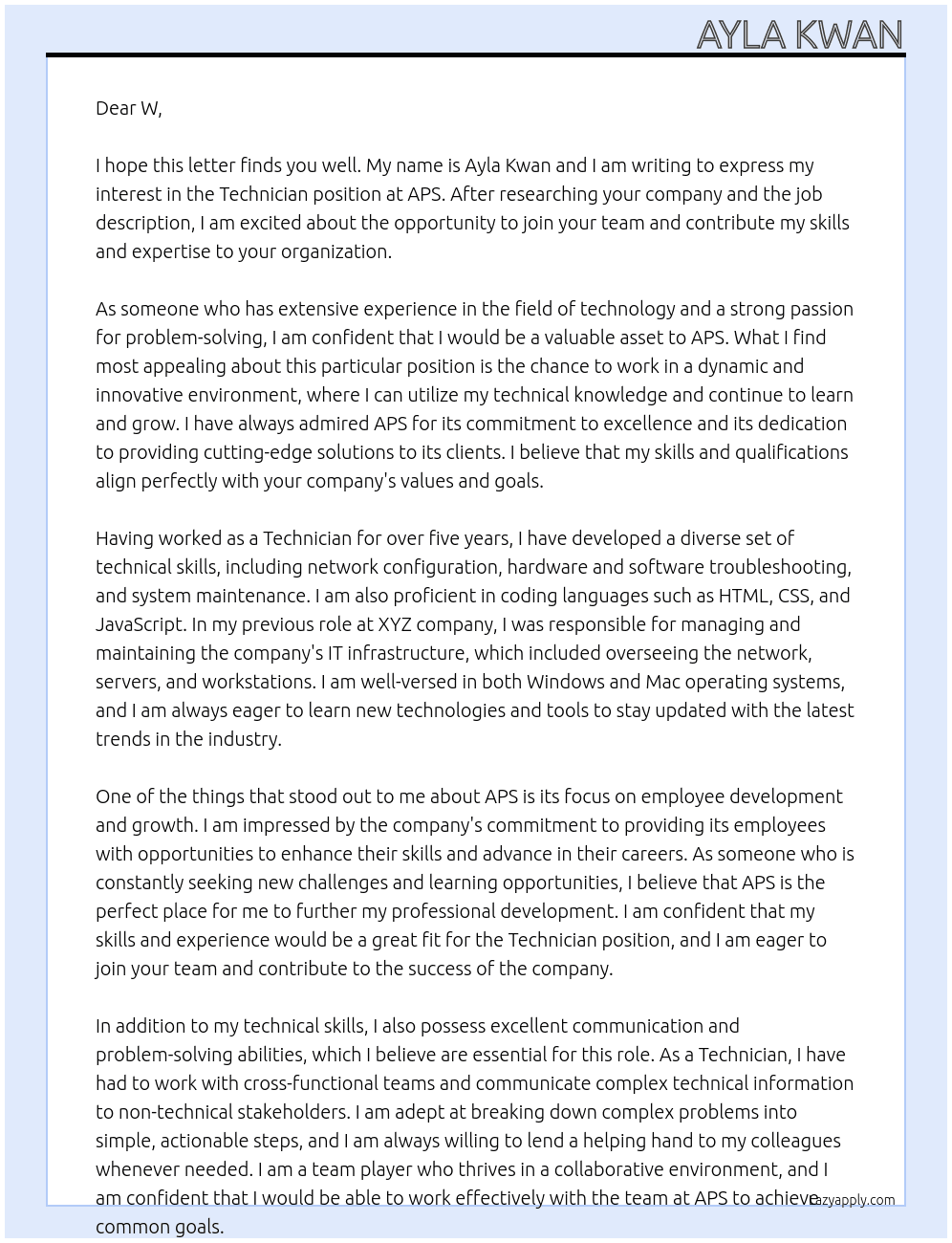 Technician At APS Cover Letter