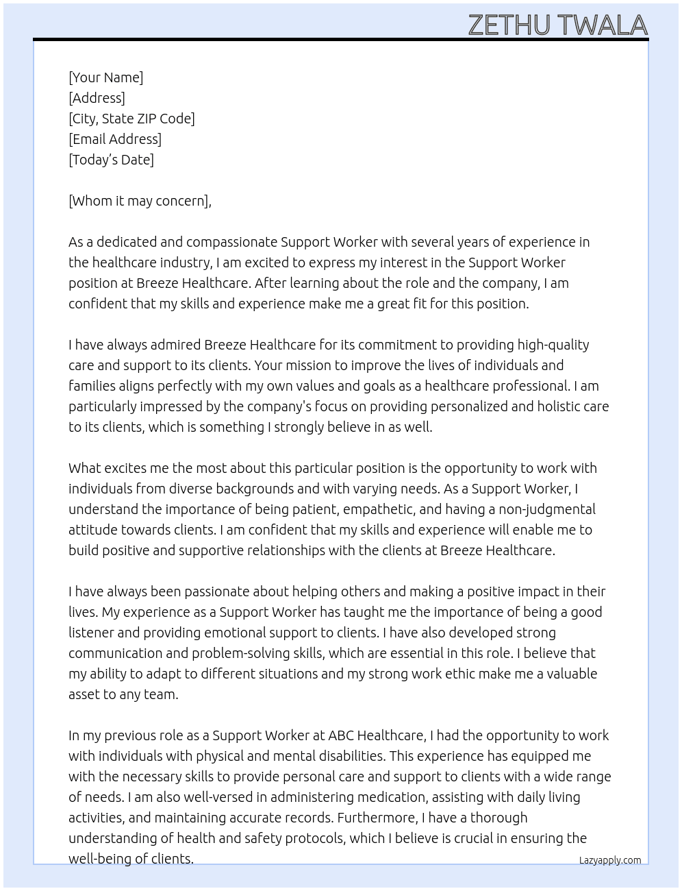 Support Worker At Breeze Healthcare Cover Letter