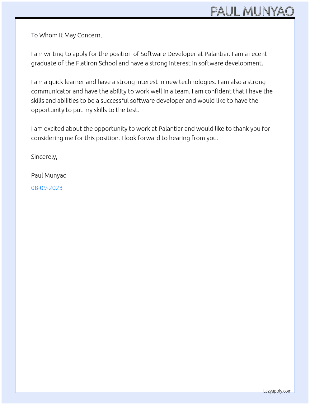 Software Developer At Palantiar Cover Letter