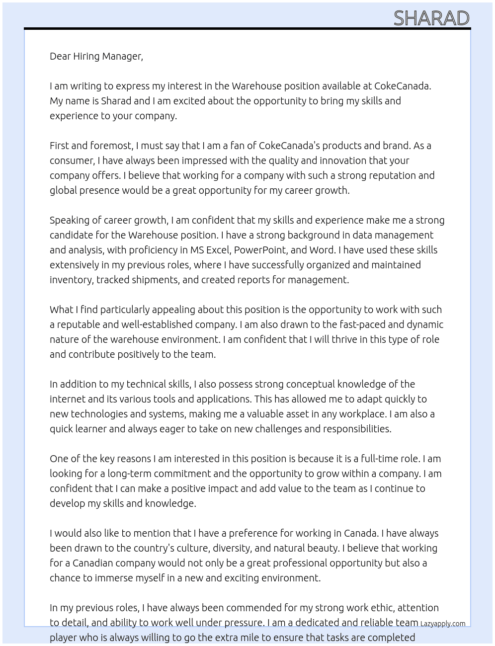 Warehouse At cokecanada Cover Letter
