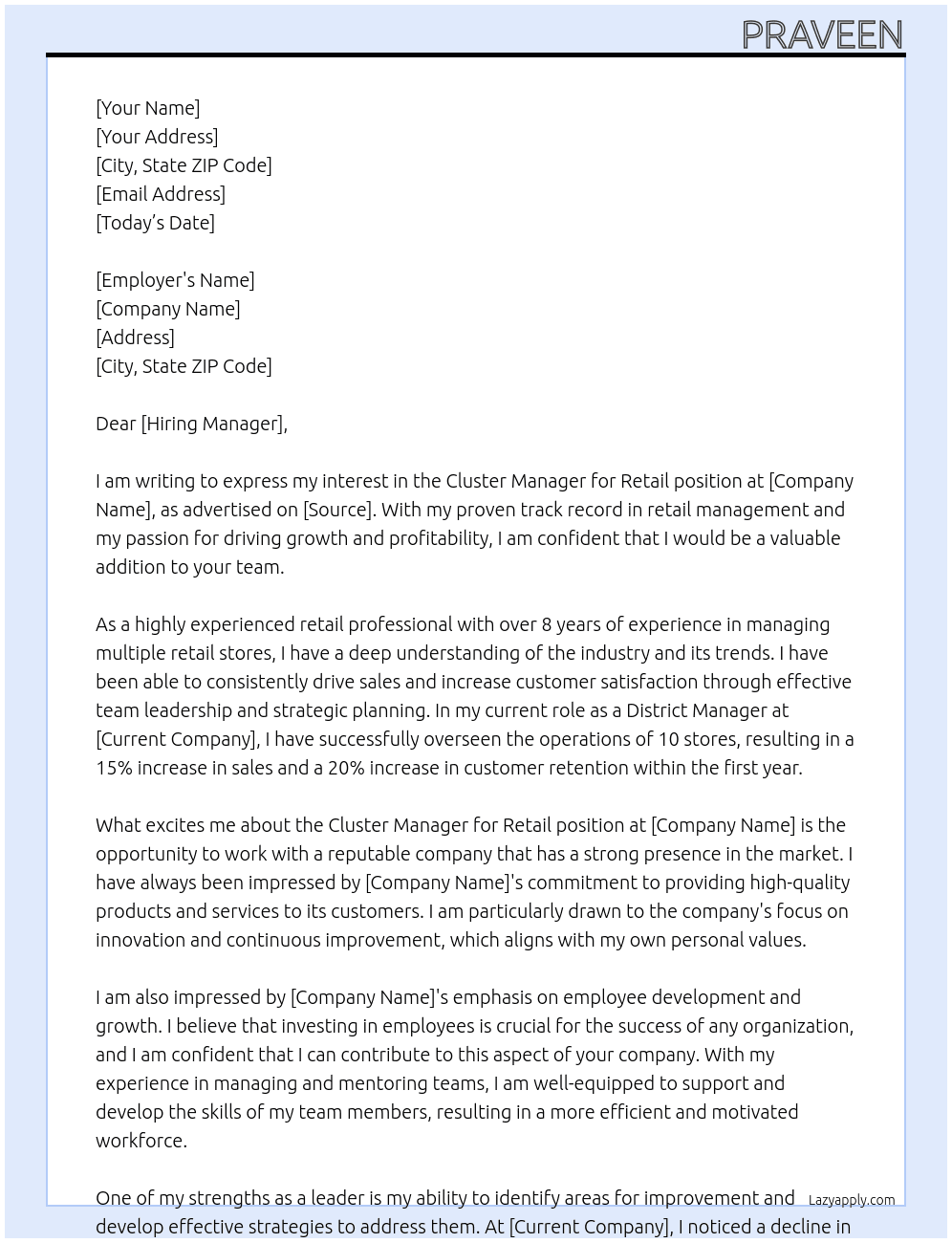 cluster manager for Retail At kumar Cover Letter