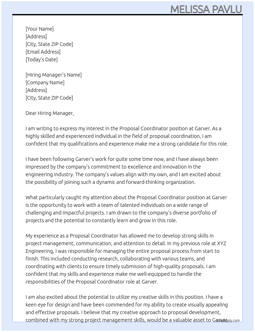 Proposal Coordinator At Garver Cover Letter