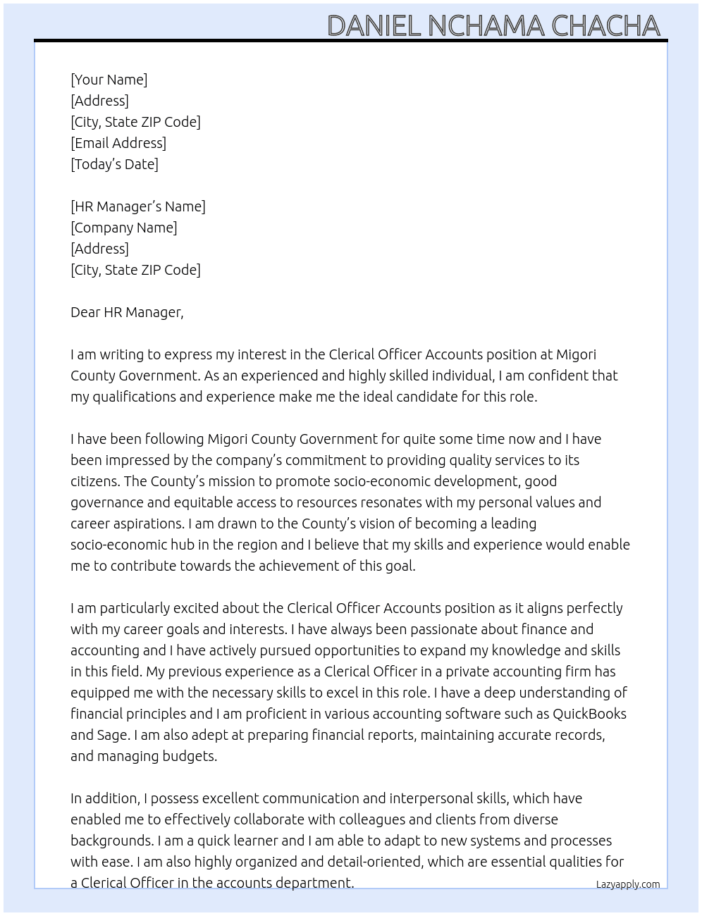 CLERICAL OFFICER ACCOUNTS At MIGORI COUNTY GOVERNMENT  Cover Letter