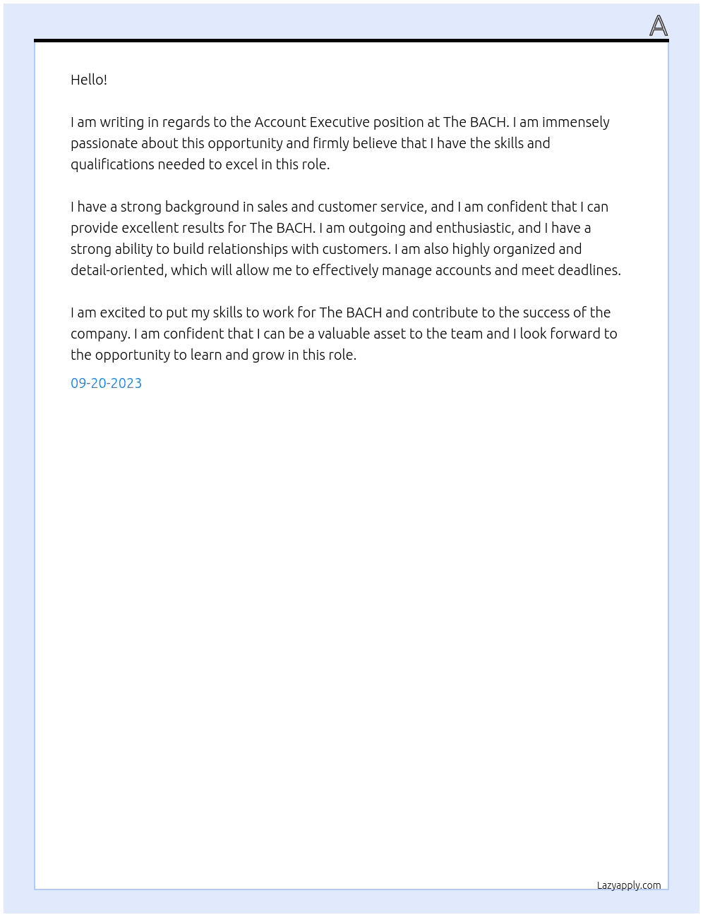 Account Executive  At The BACH Cover Letter