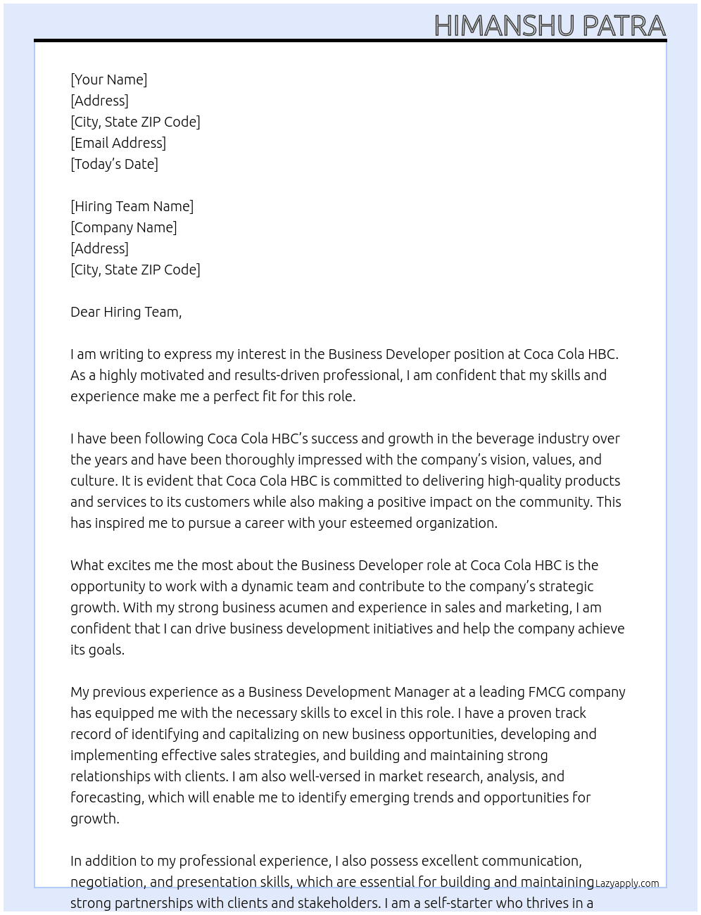 Business Developer At Coca Cola HBC Cover Letter