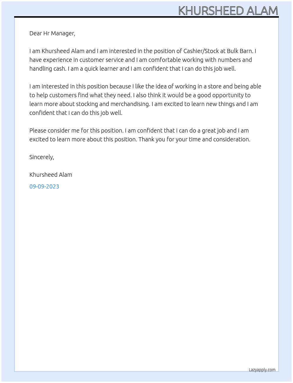 Cashier/Stock - Store At Bulk Barn Cover Letter