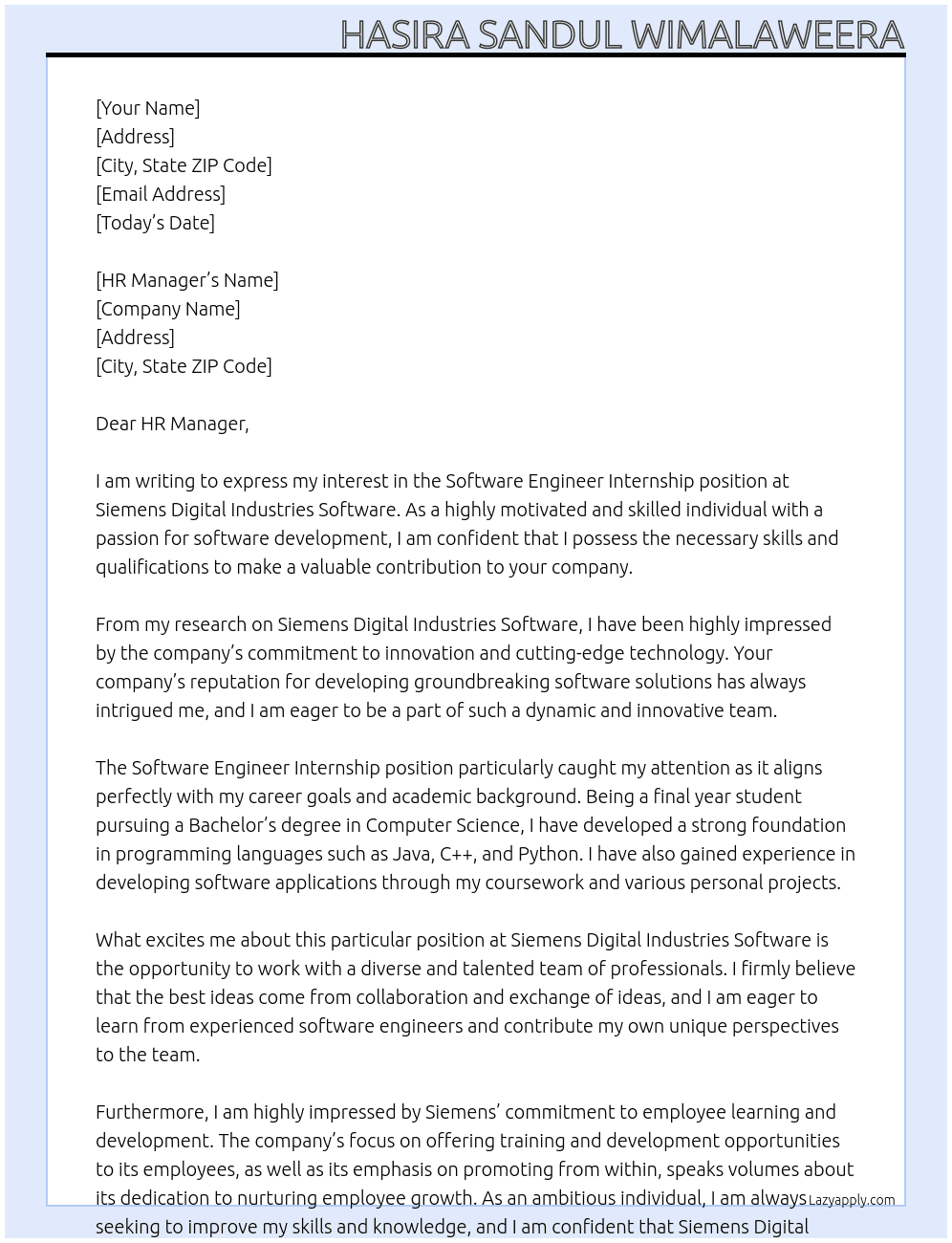 SOFTWARE ENGINEER - INTERNSHIP At SIEMENS DIGITAL INDUSTRIES SOFTWARE Cover Letter