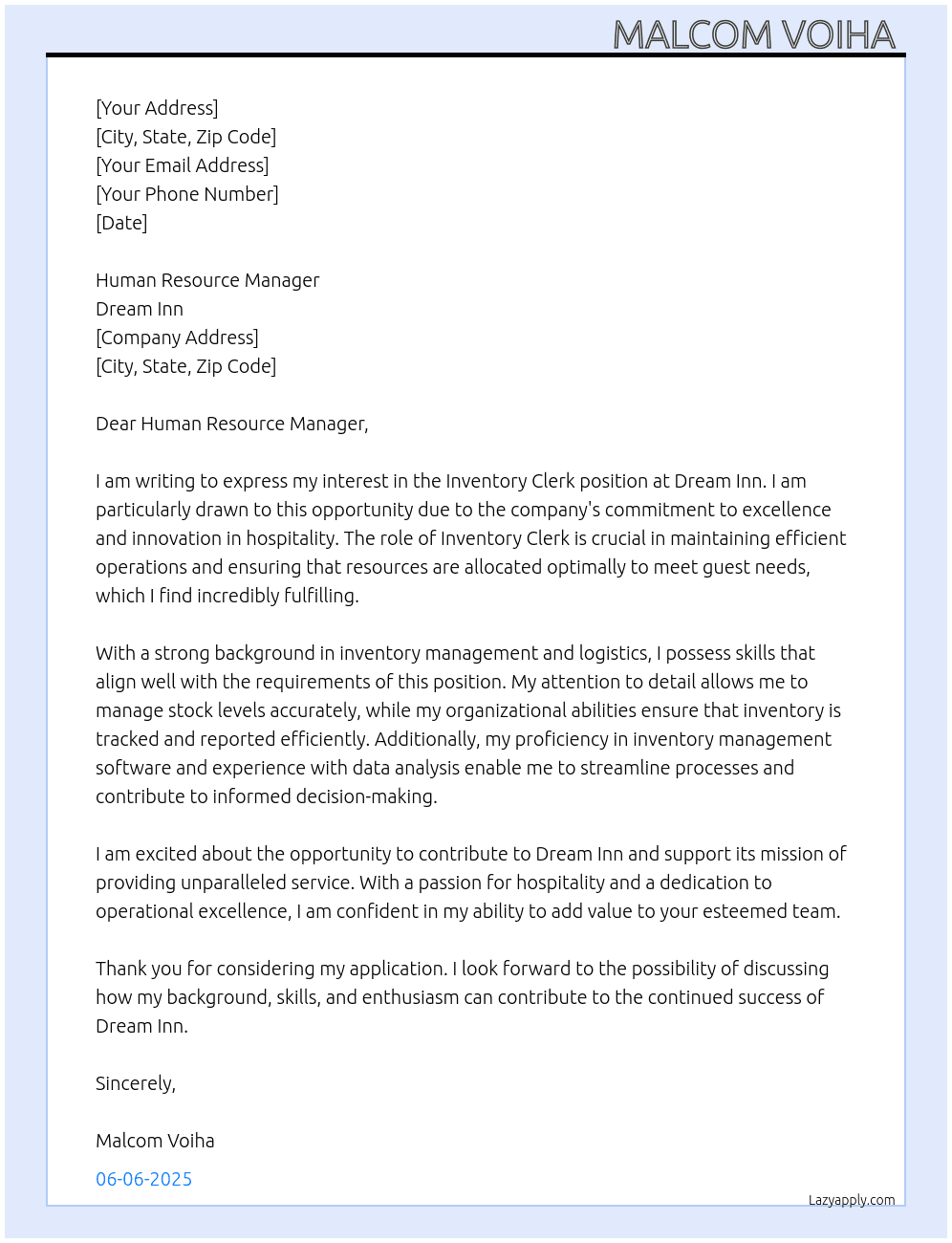 Inventory clerk  At Dream inn Cover Letter