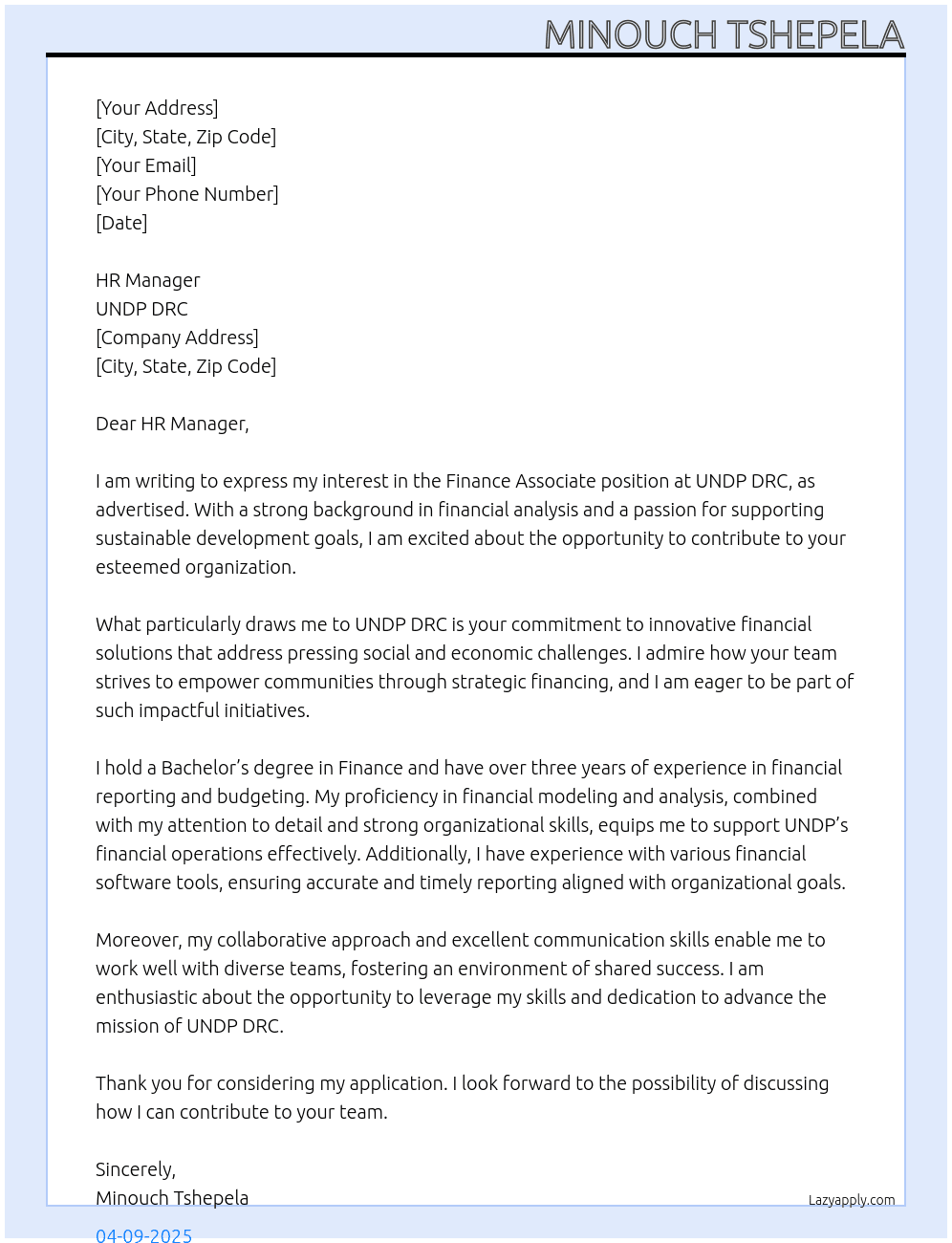 Finance Associate At UNDP DRC Cover Letter